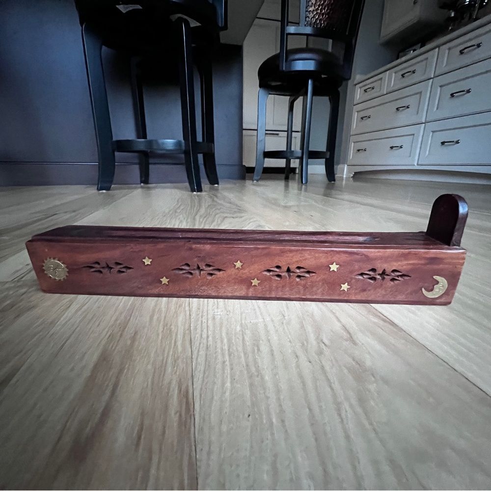 Wood Incense Stick Holder Burner Container brass moon sun stars +12 Sticks